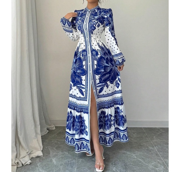 Boho Floral Print Puff Long Sleeve Button Down Frill Neck Maxi Dress - Picture 4 of 5